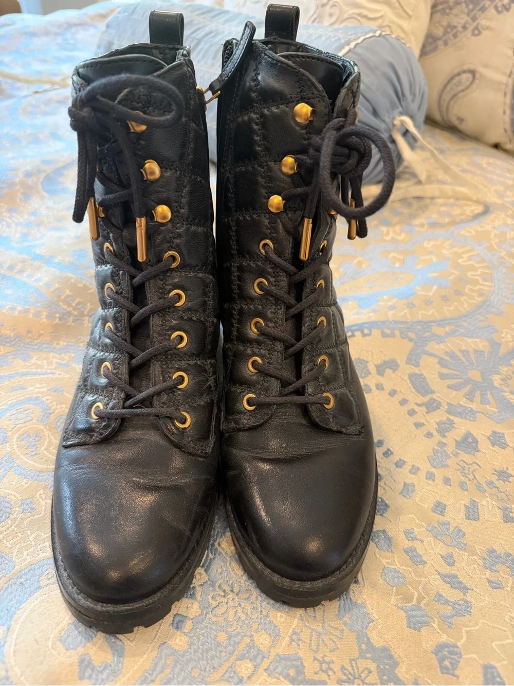 Tory Burch Black Quilted Lace-Up Ankle Boots with Gold Eyelets